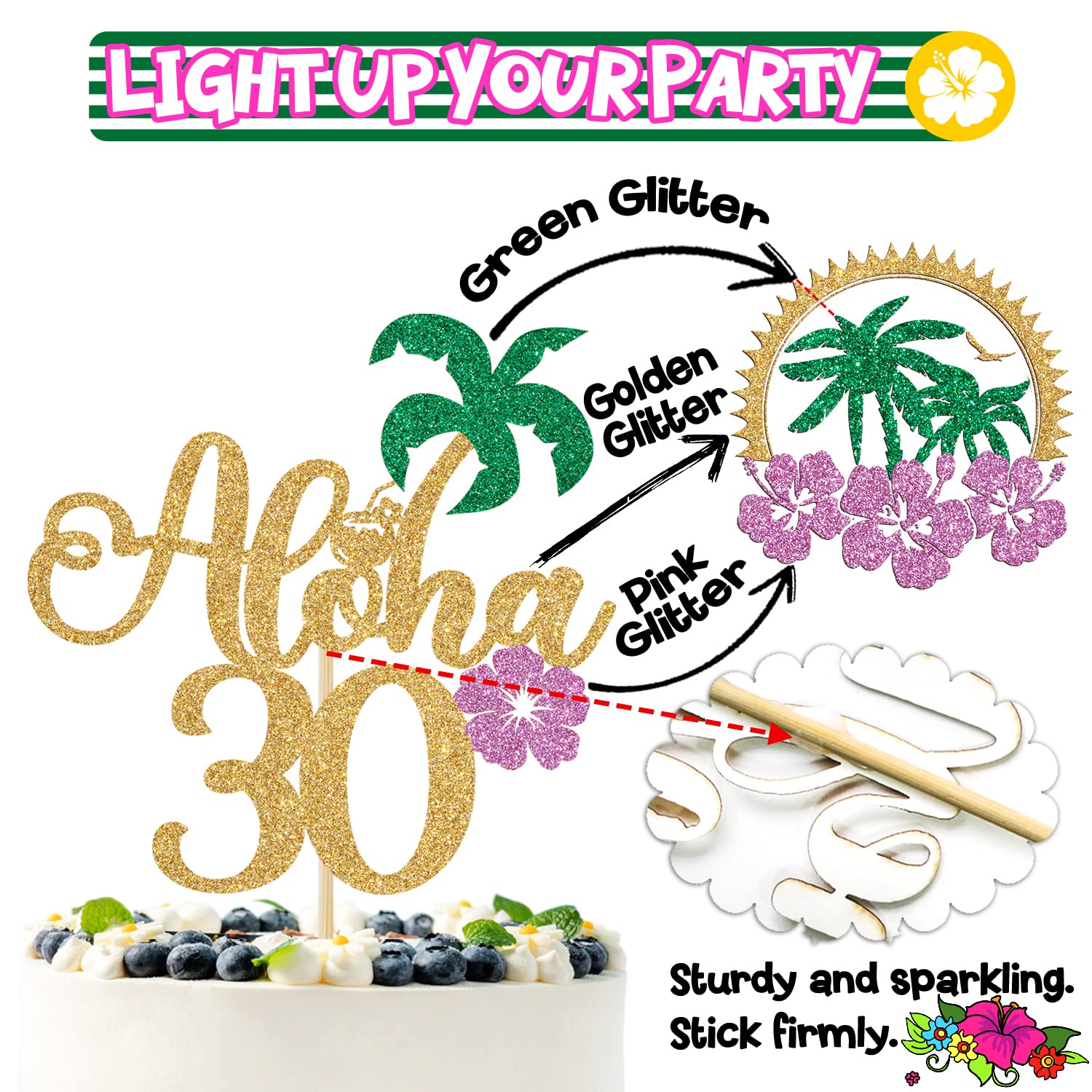 Gold Glitter Aloha 30 Cake Topper, Hello 30/Cheers to 30 Years/Happy 30th Birthday/Anniversay, Tropical Hawaiian Themed 30th Anniversary/Birthday Party Decorations