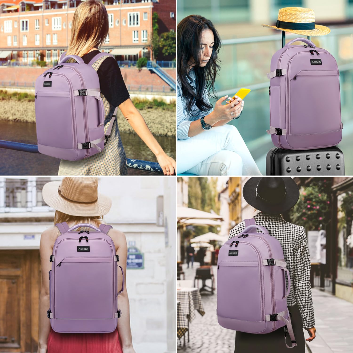 Asenlin 40L Travel Backpack for Women Men，17 Inch Laptop Backpack Flight Approved Luggage Carry On Water Resistant for Weekender Overnight Large Daypack Purple