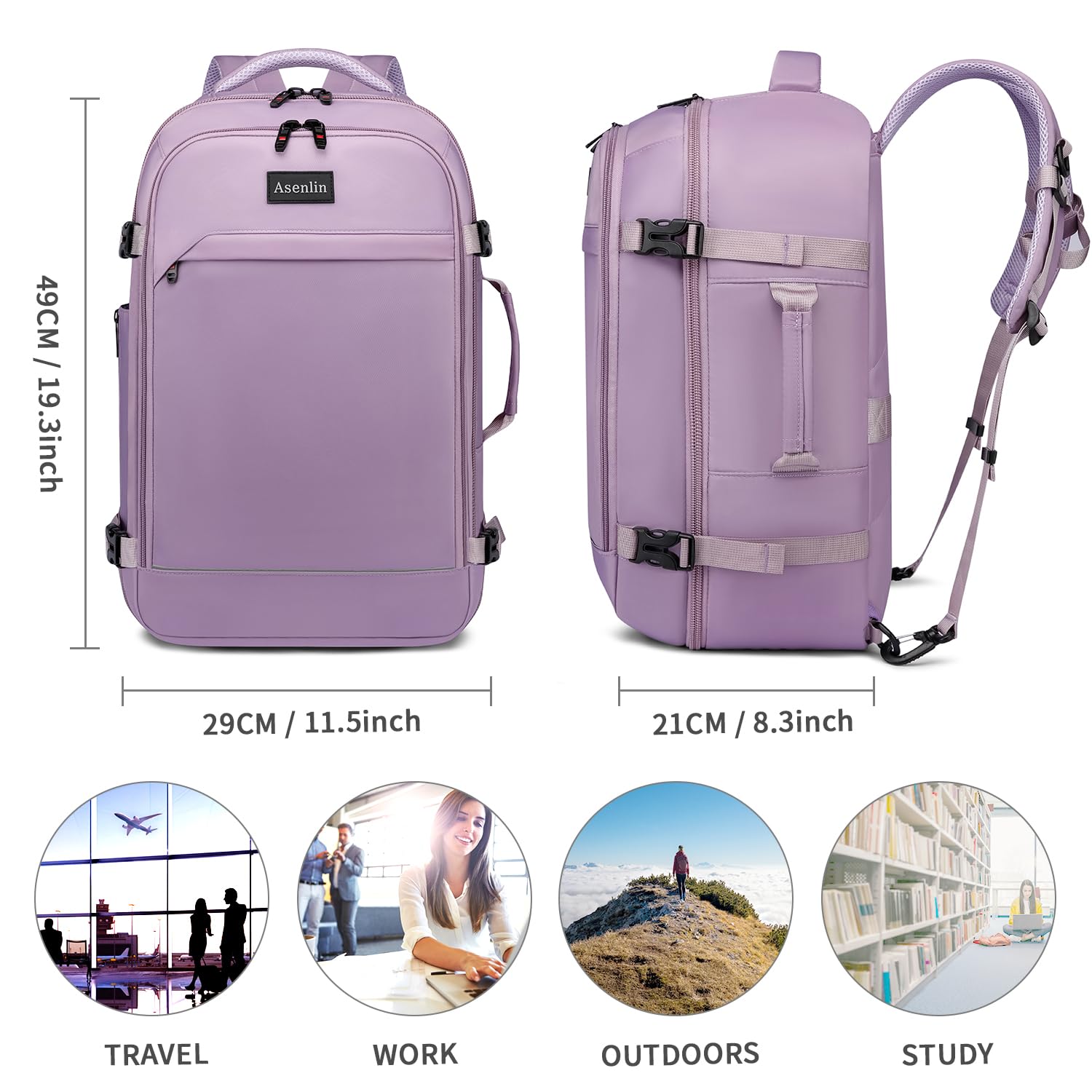 Asenlin 40L Travel Backpack for Women Men，17 Inch Laptop Backpack Flight Approved Luggage Carry On Water Resistant for Weekender Overnight Large Daypack Purple