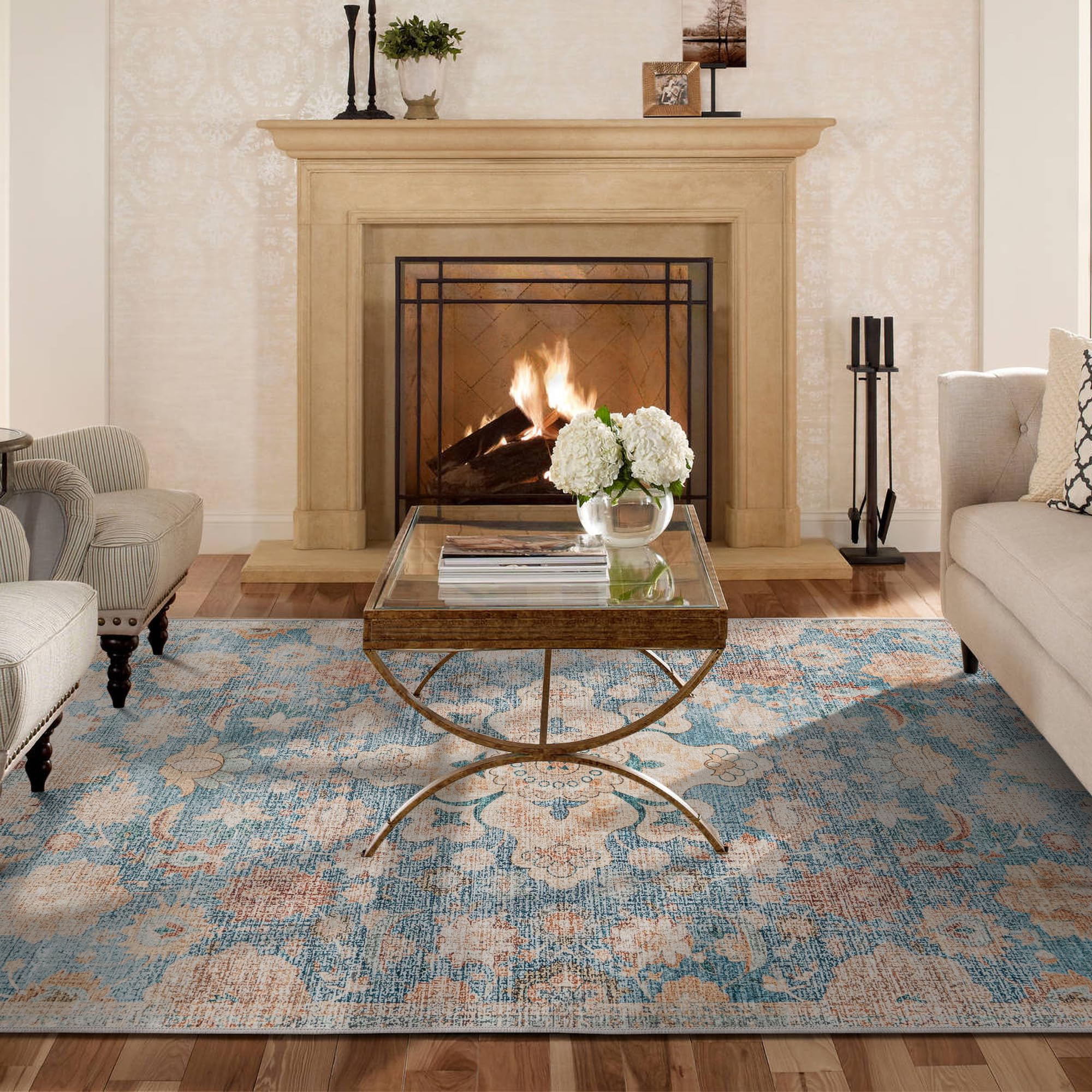 Syalife Washable Rug Vintage Area Rugs, 8'x 10' Living Room Rug with Non Slip Backing, Distressed Indoor Carpet Non-Shedding Blue Rug, Vintage Floor Mat Indoor Rug (Blue/Beige, 8'x 10')