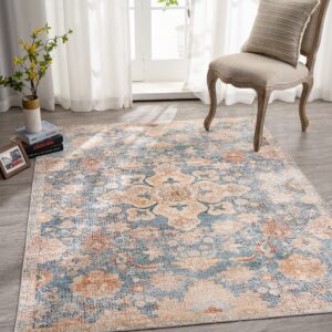 Syalife Washable Rug Vintage Area Rugs, 8'x 10' Living Room Rug with Non Slip Backing, Distressed Indoor Carpet Non-Shedding Blue Rug, Vintage Floor Mat Indoor Rug (Blue/Beige, 8'x 10')