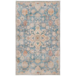 Syalife Washable Rug Vintage Area Rugs, 8'x 10' Living Room Rug with Non Slip Backing, Distressed Indoor Carpet Non-Shedding Blue Rug, Vintage Floor Mat Indoor Rug (Blue/Beige, 8'x 10')