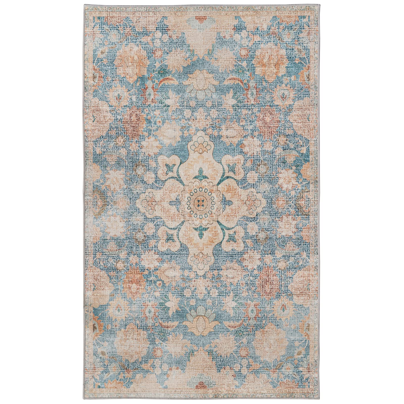 Syalife Washable Rug Vintage Area Rugs, 8'x 10' Living Room Rug with Non Slip Backing, Distressed Indoor Carpet Non-Shedding Blue Rug, Vintage Floor Mat Indoor Rug (Blue/Beige, 8'x 10')