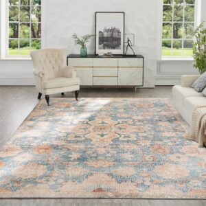 Syalife Washable Rug Vintage Area Rugs, 8'x 10' Living Room Rug with Non Slip Backing, Distressed Indoor Carpet Non-Shedding Blue Rug, Vintage Floor Mat Indoor Rug (Blue/Beige, 8'x 10')