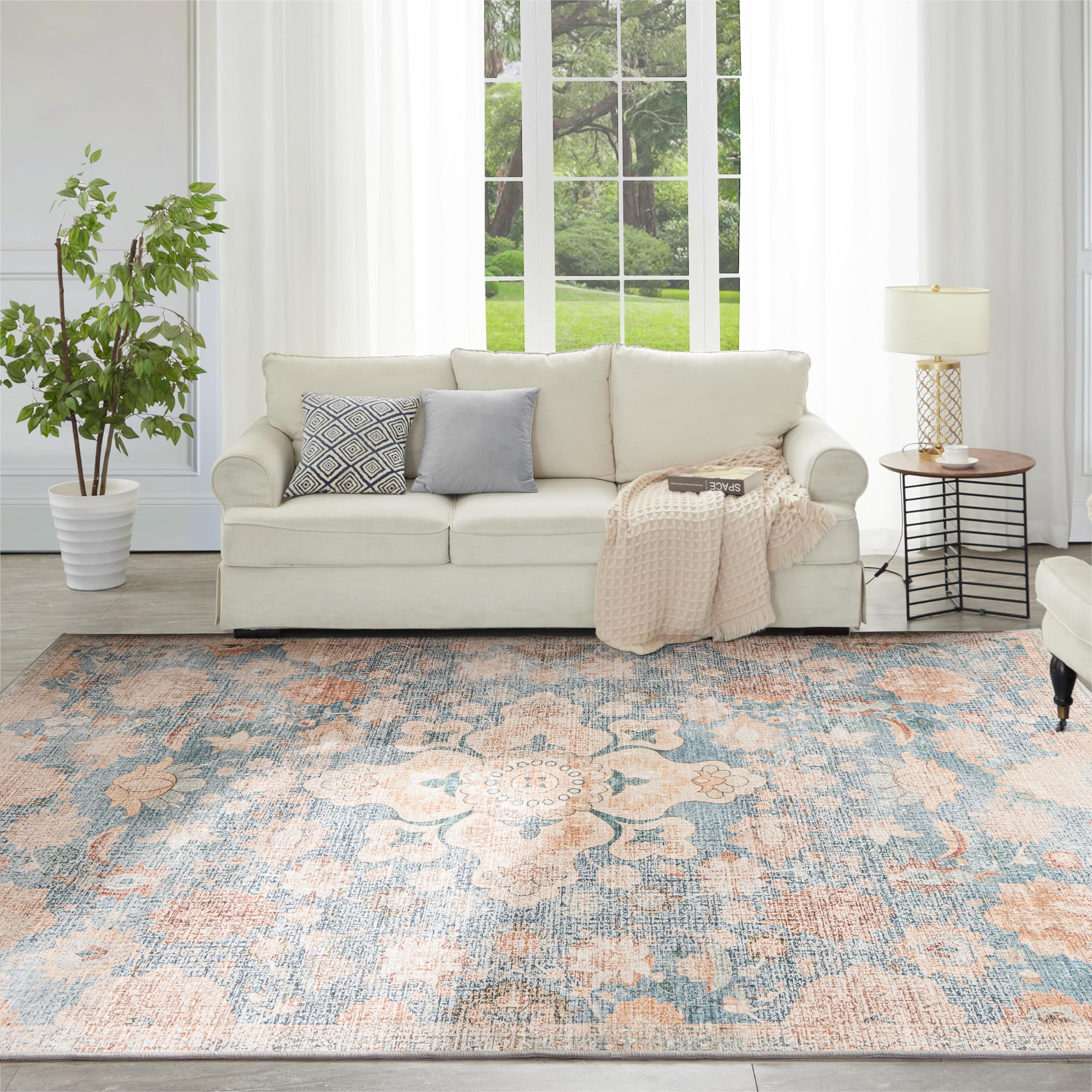 Syalife Washable Rug Vintage Area Rugs, 8'x 10' Living Room Rug with Non Slip Backing, Distressed Indoor Carpet Non-Shedding Blue Rug, Vintage Floor Mat Indoor Rug (Blue/Beige, 8'x 10')