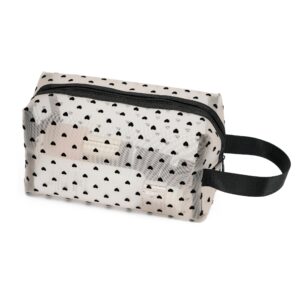 topasion portable mesh makeup bag with zipper small travel toiletry bag lightweight cosmetic pouch (beige&black heart with handle)