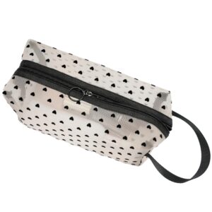 TOPASION Portable Mesh Makeup Bag with Zipper Small Travel Toiletry Bag Lightweight Cosmetic Pouch (Beige&Black Heart with Handle)