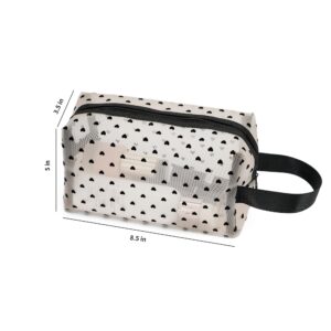 TOPASION Portable Mesh Makeup Bag with Zipper Small Travel Toiletry Bag Lightweight Cosmetic Pouch (Beige&Black Heart with Handle)