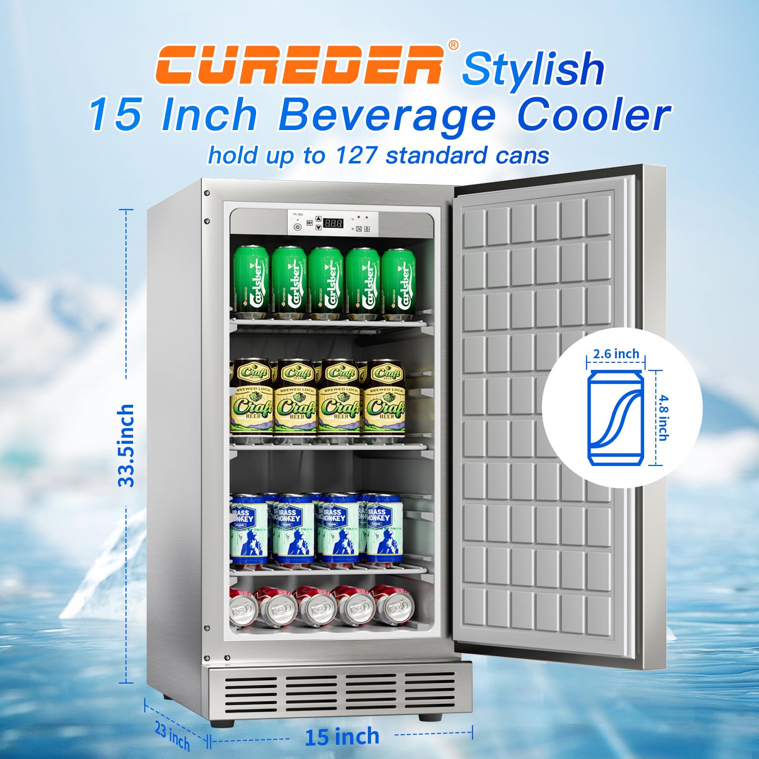 cureder 15 Inch Outdoor Refrigerator, Weather Proof Stainless Steel Beverage Beer Cooler Under Counter Fridge, Indoor/Outdoor Refrigerator with 3 Shelves for Patio Kitchen and Commercial Use