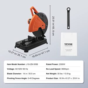 VEVOR Abrasive Chop Saw, 14in / 35cm Blade Cut Off Saw, 2300W 3600RPM Steel Cutting Machine, 0-45 Degrees Adjustable Angle Miter Saw for Cutting Metal Cutting Chop Saw for Steel Rebar Iron Aluminum