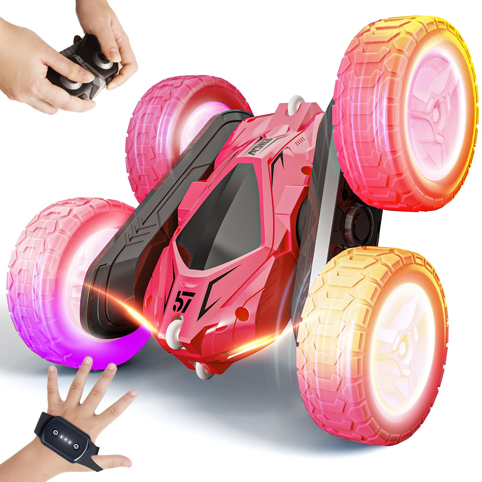 Tecnock Remote Control Car, RC Cars Double Sided 360° Rotating Car Toys, Gesture Sensing RC Stunt Car with Headlights Wheel Lights, Ideal Gifts for Boys Girls