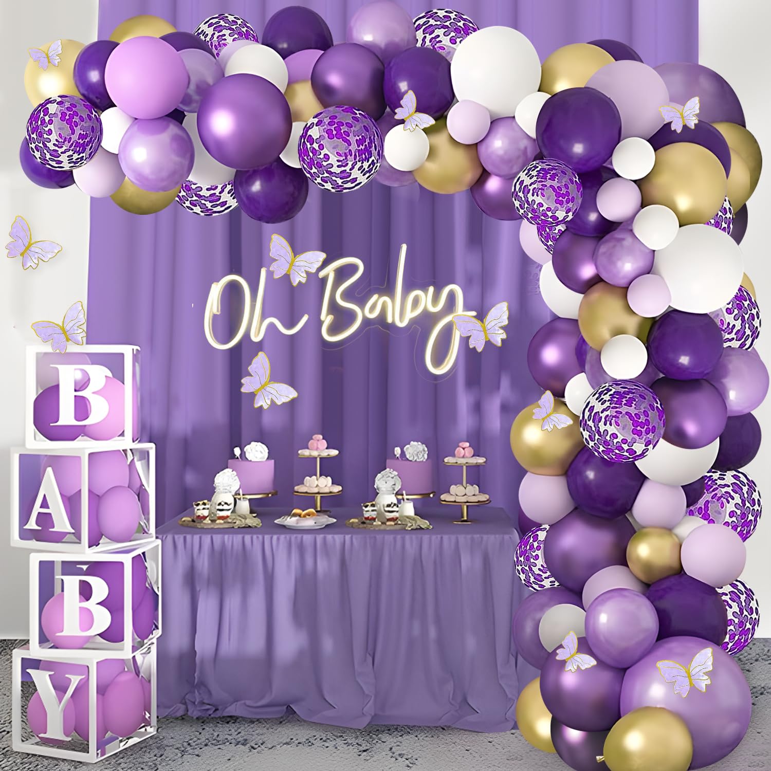 Purple Balloon Garland Kit, FEBALHS Purple Gold and White Balloons with Butterflies Stickers Dark Purple Light Purple Balloons for Birthday Party Baby Showers Sweet 16 Celebrations (Purple)