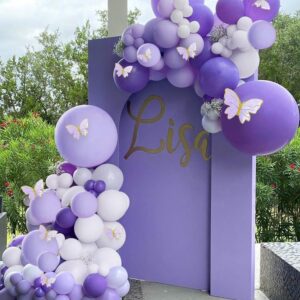 Purple Balloon Garland Kit, FEBALHS Purple Gold and White Balloons with Butterflies Stickers Dark Purple Light Purple Balloons for Birthday Party Baby Showers Sweet 16 Celebrations (Purple)