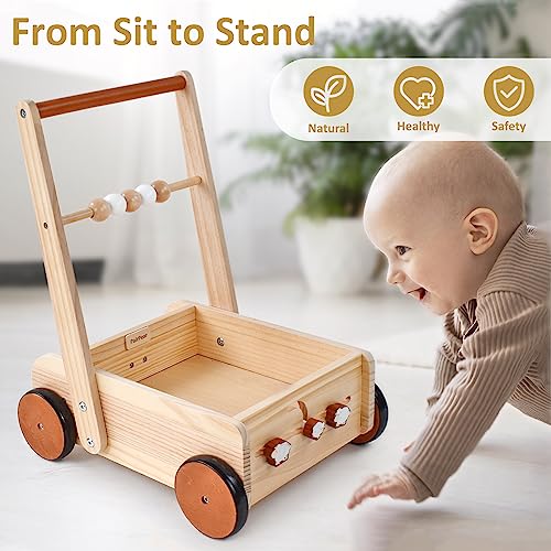 PairPear Wooden Baby Walker Push Toys,Adjustable Speed Nature Wood Push Walkers for Babies Learning to Walk,Toddler Push and Pull Toys Gift for baby Girls and Boys 1-2