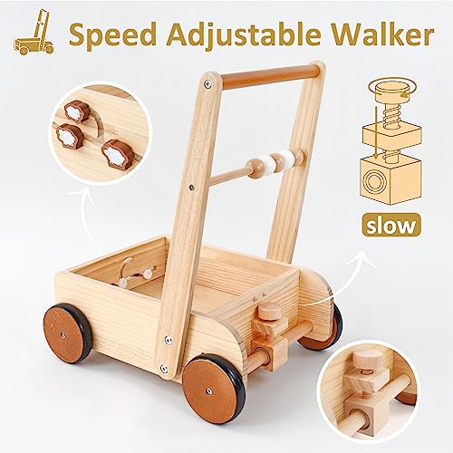 PairPear Wooden Baby Walker Push Toys,Adjustable Speed Nature Wood Push Walkers for Babies Learning to Walk,Toddler Push and Pull Toys Gift for baby Girls and Boys 1-2