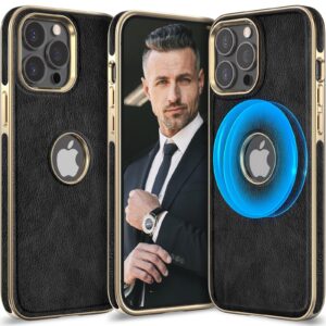 lohasic pu leather case for iphone 13 pro max, stronger magnet compatible with mag-safe, fit for mag car mount, luxury logo view, vintage promax phone cover men women, 6.7 inch - black gold