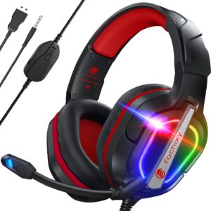 Fachixy「2024 New」FC200 PC Gaming Headset for PS4/PS5/Xbox One, Noise Canceling Headset with Stereo Microphone Sound, Computer Headset with 3.5mm Jack & RGB Light