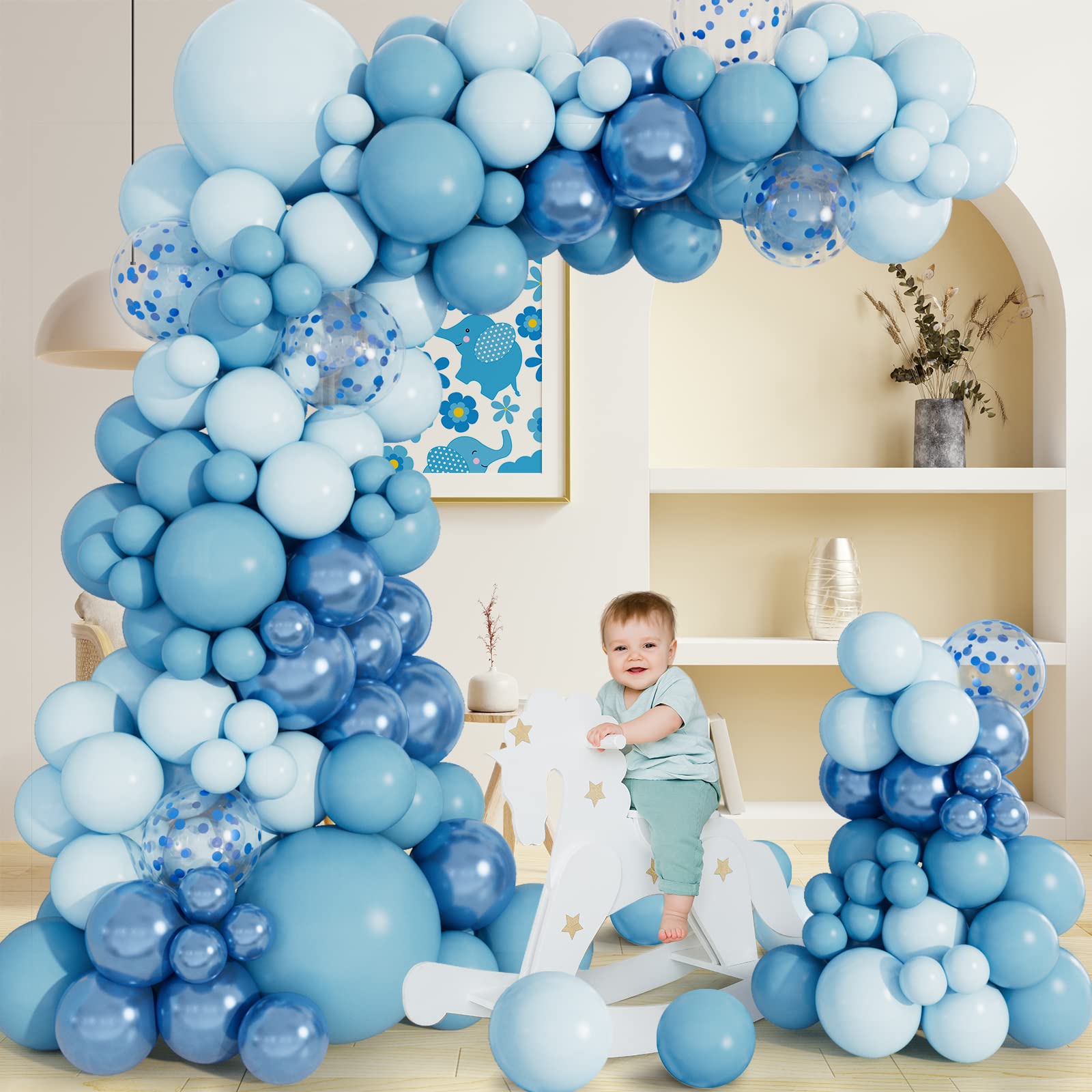 138pcs Blue Balloon Arch Garland Kit with Different Size Metallic Macaron Pastel Blue Confetti Balloons for Baby Shower Birthday Wedding Ocean Themed Party. Background Party Decoration