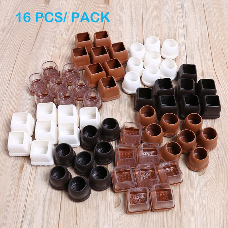 16 Pack Chair Leg Floor Protectors for Hardwood Floors, Round Rubber Furniture Sliders, 360°Felt Pad Bottom Wrapped Thickening Silicone Furniture Legs Caps Covers(Square,Clear-Brown-XL)