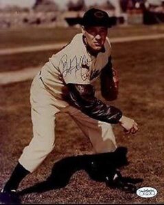 bob feller signed jsa certed sticker 8x10 photo autograph authentic - autographed mlb photos