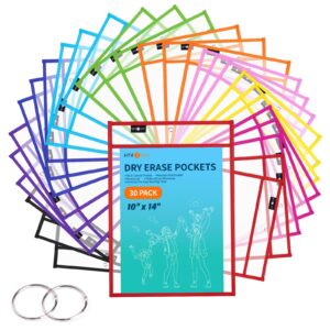 htvront dry erase pockets sleeves- 30 pack 10x14 reusable pocket protector sleeves with rings, clear plastic sleeves sheet protectors for teachers, classrooms, schools supplies, shop ticket holders