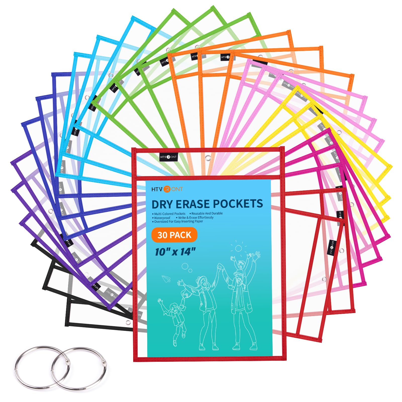 HTVRONT Dry Erase Pockets Sleeves- 30 Pack 10x14 Reusable Pocket Protector Sleeves with Rings, Clear Plastic Sleeves Sheet Protectors for Teachers, Classrooms, Schools Supplies, Shop Ticket Holders