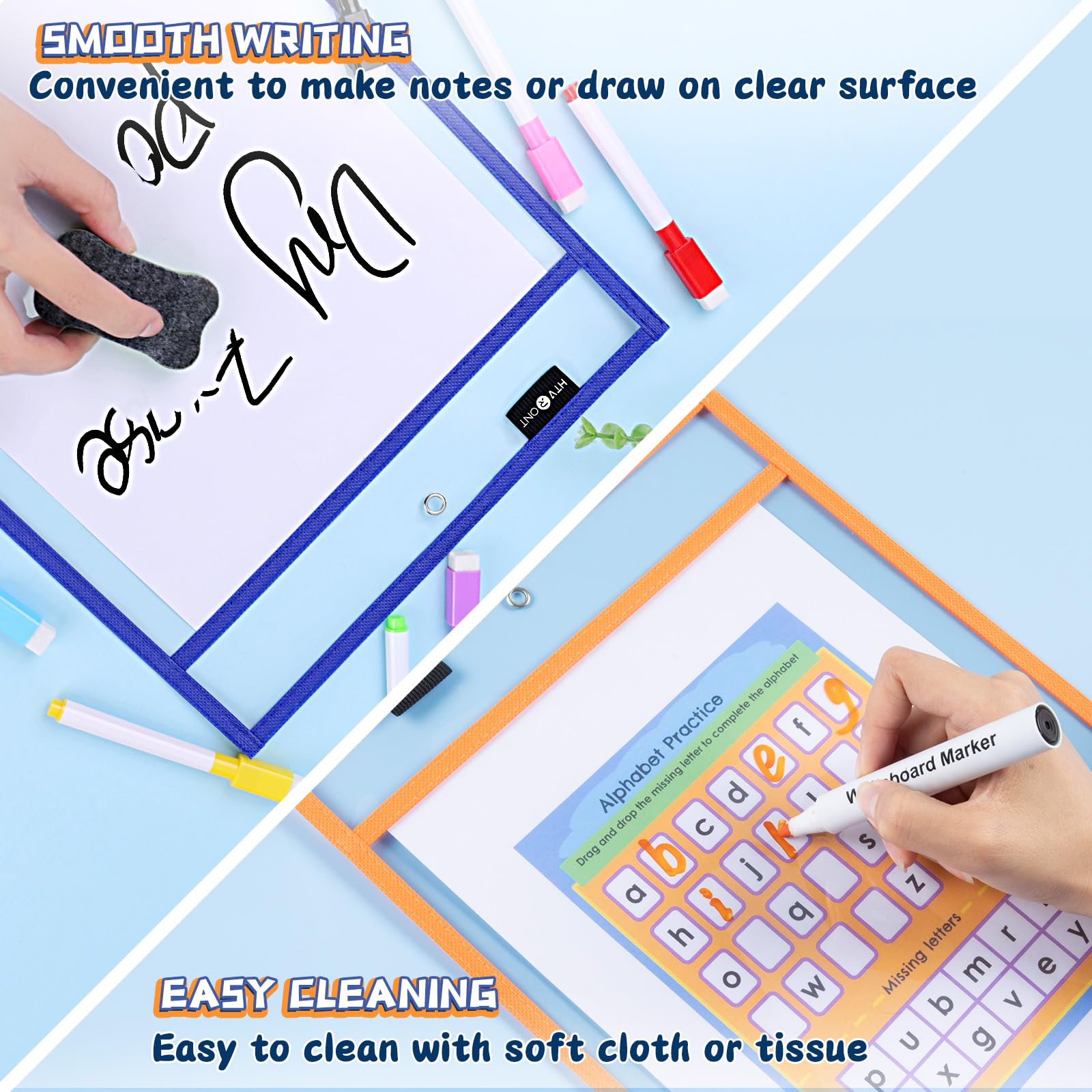 HTVRONT Dry Erase Pockets Sleeves- 30 Pack 10x14 Reusable Pocket Protector Sleeves with Rings, Clear Plastic Sleeves Sheet Protectors for Teachers, Classrooms, Schools Supplies, Shop Ticket Holders