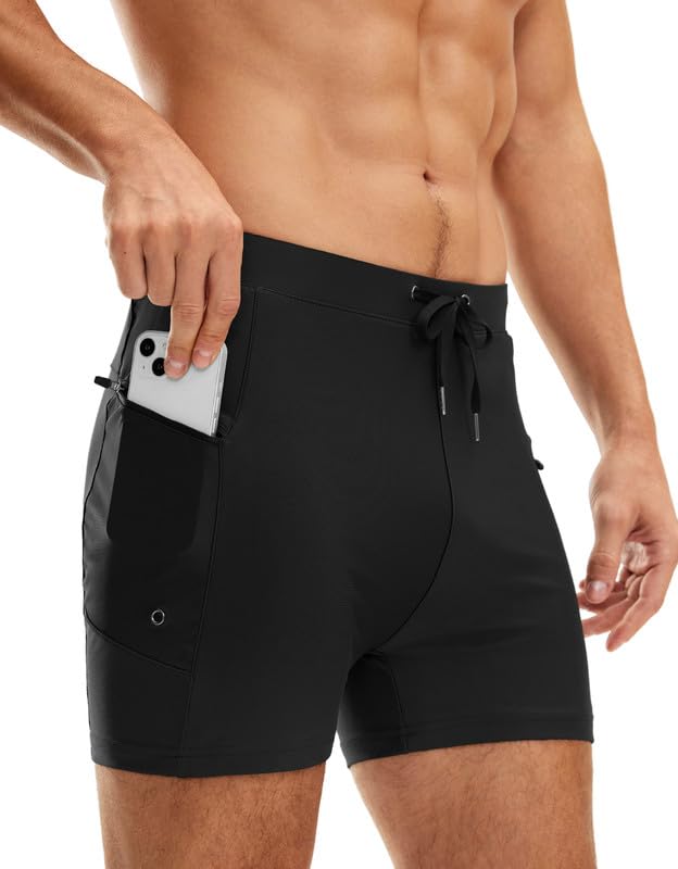 G Gradual Men's Swimsuit Trunks with Zipper Pockets Quick Dry Swimwear Bathing Suit Swim Briefs Board Shorts for Men(Black,L)