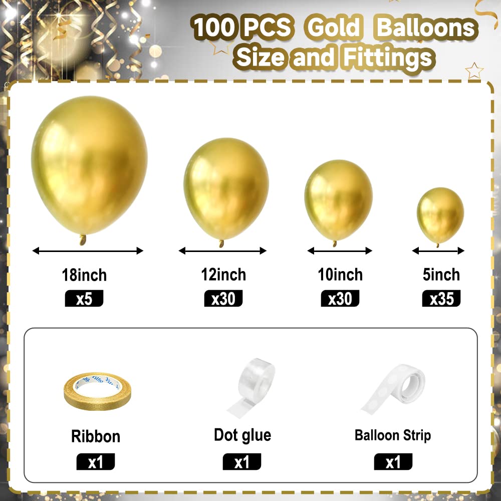 MISTARICH Metallic Gold Balloons 100 Pcs Latex Halloween Balloon Garland Arch Kit 5/10/12/18 Inch for Wedding Anniversary Graduation Birthday Baby Shower Party Decoration