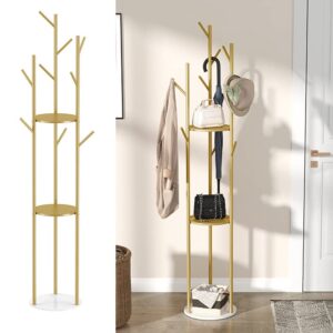 MOUTIK Metal Gold Coat Rack, Tree Hanger Freestanding Coat Racks with 3 Storage Shelves and 9 High-grade Hooks and Stable Marble Base, for Jackets Hats Bags Purses Entryway Hall Bedroom