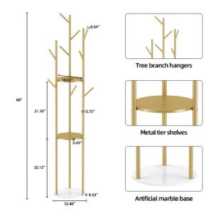 MOUTIK Metal Gold Coat Rack, Tree Hanger Freestanding Coat Racks with 3 Storage Shelves and 9 High-grade Hooks and Stable Marble Base, for Jackets Hats Bags Purses Entryway Hall Bedroom