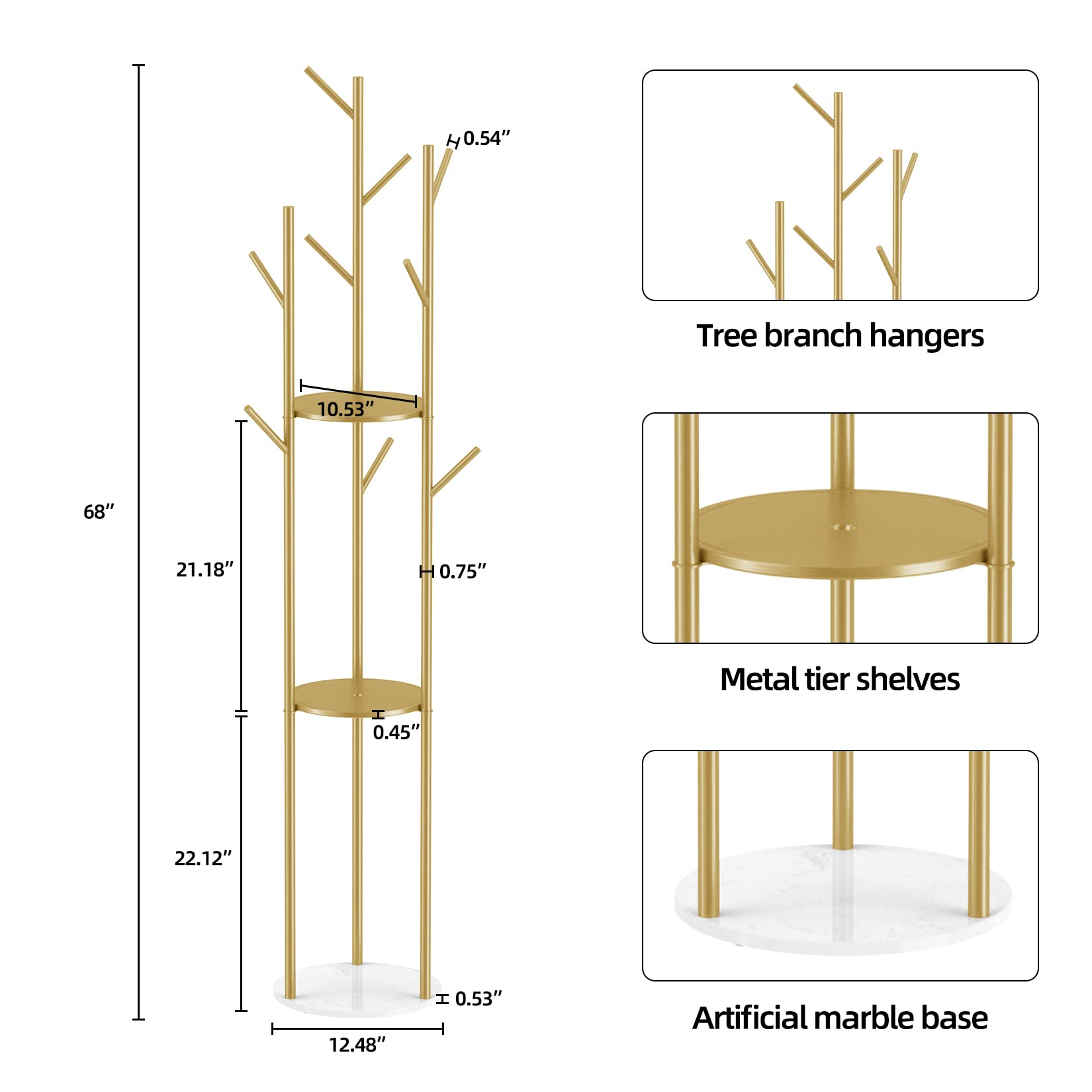 MOUTIK Metal Gold Coat Rack, Tree Hanger Freestanding Coat Racks with 3 Storage Shelves and 9 High-grade Hooks and Stable Marble Base, for Jackets Hats Bags Purses Entryway Hall Bedroom