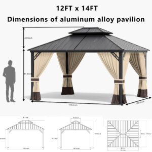 ASJMR 12x14ft Hardtop Gazebo Double Roof, outdoor pavilion with 2-layer hard top galvanized iron frame garden tent, suitable for courtyards, backyards, decks, and grass