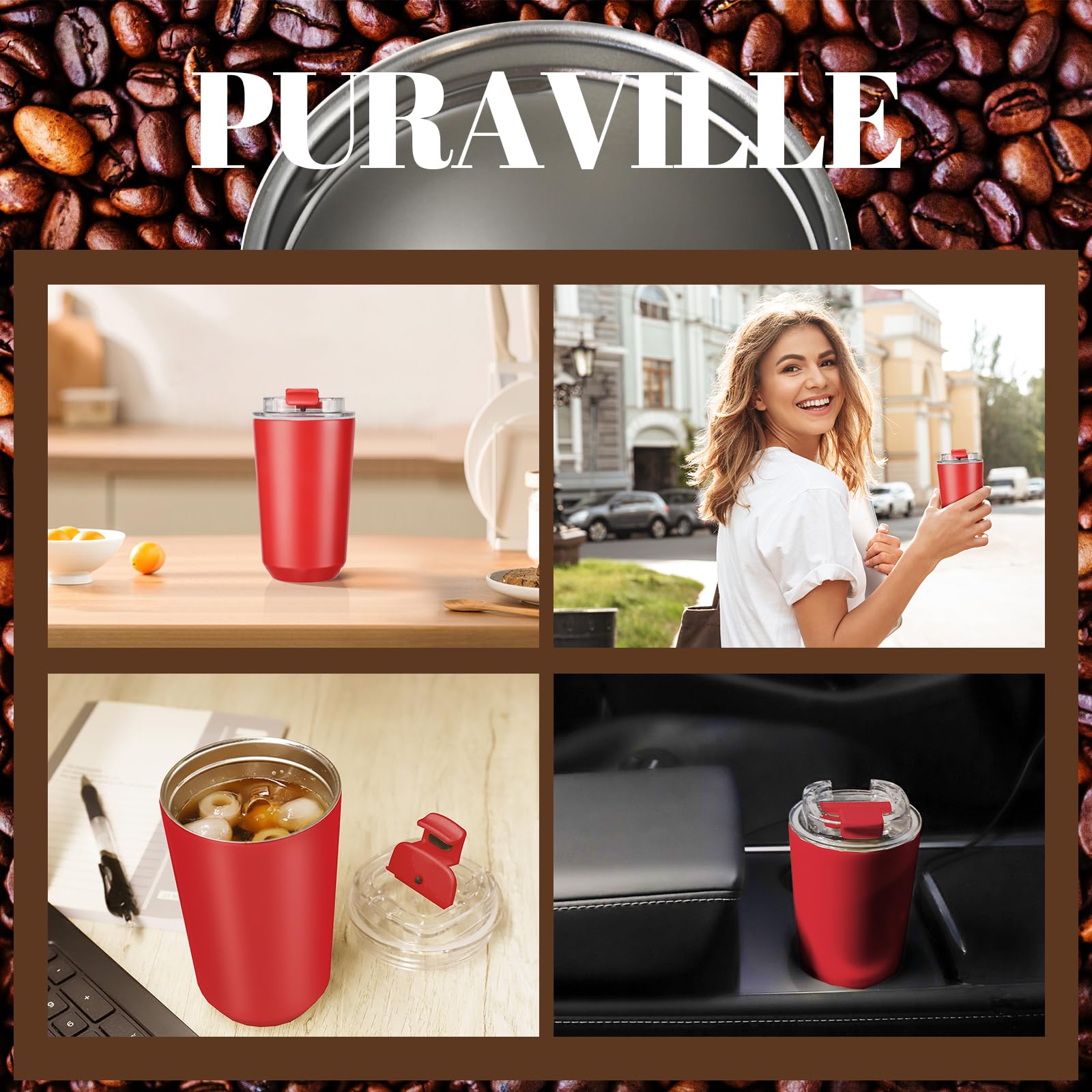 Puraville Insulated Tumblers with Lid, 10 oz Travel Coffee Mug Stainless Steel Vacuum Thermos Cup,10/14 oz Leak Proof Reusable Double Walled Coffee Tumbler for Iced and Hot Drinks,Red