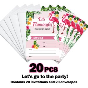 Let's Flamingle Birthday Party Invitation Cards, Summer Flamingo & Palm Leaves Pineapple Invitation for Kids Girls Boys Luau Birthday Party Celebration Supplies, 20 Invitations with Envelopes - JY646