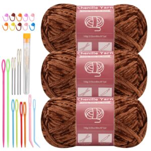 lunarm 3 * 100g chenille yarn, yarn for crocheting knitting with big eye needles, handcrafts weaving soft chenille yarn for making blankets, clothes, pattern knitting creations (brown)