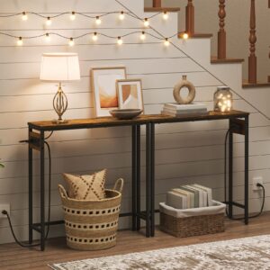 HOOBRO 2 Pack 29.5 Inches Narrow Console Table with Outlets, Small Sofa Table, Entryway Table with Shelves, Side Table, Display Table, for Hallway, Bedroom, Foyer, Living Room, Rustic Brown and Black