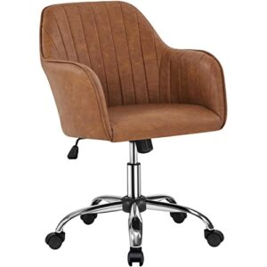 yaheetech modern faux leather desk chair height adjustable task chair swivel office chair makeup chair computer chair mid back chair living room chairs with arms retro brown