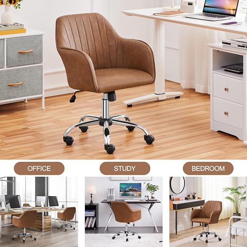 Yaheetech Modern Faux Leather Desk Chair Height Adjustable Task Chair Swivel Office Chair Makeup Chair Computer Chair Mid Back Chair Living Room Chairs with Arms Retro Brown