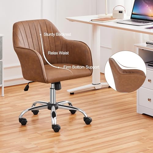 Yaheetech Modern Faux Leather Desk Chair Height Adjustable Task Chair Swivel Office Chair Makeup Chair Computer Chair Mid Back Chair Living Room Chairs with Arms Retro Brown