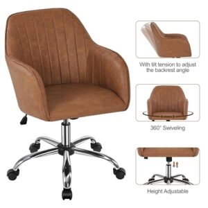 Yaheetech Modern Faux Leather Desk Chair Height Adjustable Task Chair Swivel Office Chair Makeup Chair Computer Chair Mid Back Chair Living Room Chairs with Arms Retro Brown