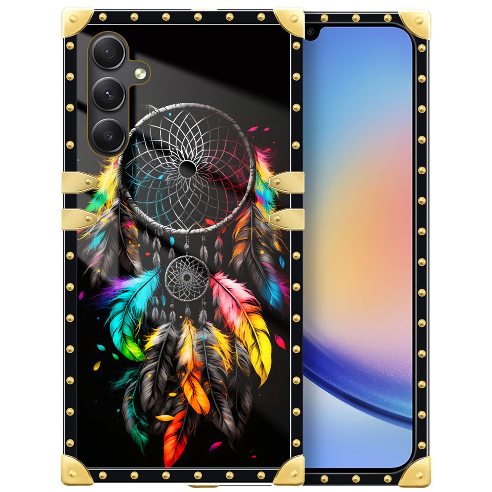 DAIZAG Case Compatible with for Samsung Galaxy A14 5G Classic Feather Dream Catcher Phone Case Golden Square Soft TPU Shockproof Protective Decor Case Cover for Gift