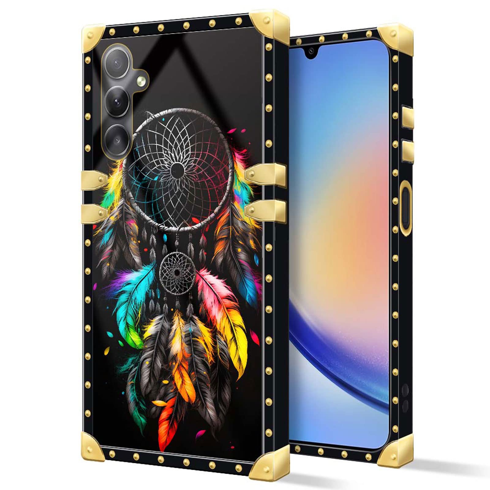 DAIZAG Case Compatible with for Samsung Galaxy A14 5G Classic Feather Dream Catcher Phone Case Golden Square Soft TPU Shockproof Protective Decor Case Cover for Gift