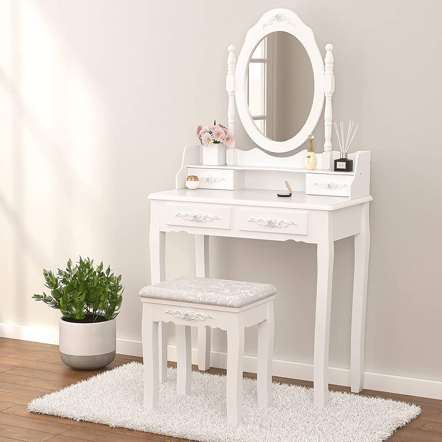 Lumelay Girls Makeup Vanity Set with Mirror & Stool (Vanity Desk with Mirror)