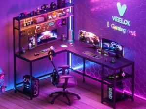 veelok l shaped gaming desk with hutch pegboard led lights (black)