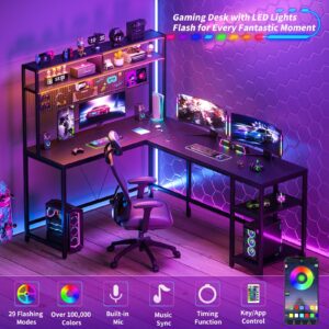 VEELOK L Shaped Gaming Desk with Hutch Pegboard LED Lights (Black)