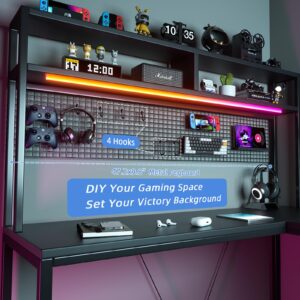 VEELOK L Shaped Gaming Desk with Hutch Pegboard LED Lights (Black)