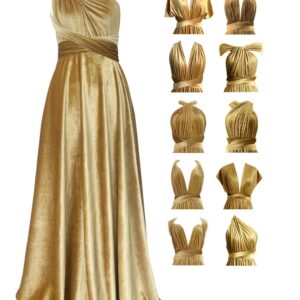 72styles Velvet Infinity Dress with Bandeau,Convertible Bridesmaid Dresses,Plus Size Velvet Wrap Maxi Long Dress Multiway Formal Dress Gold