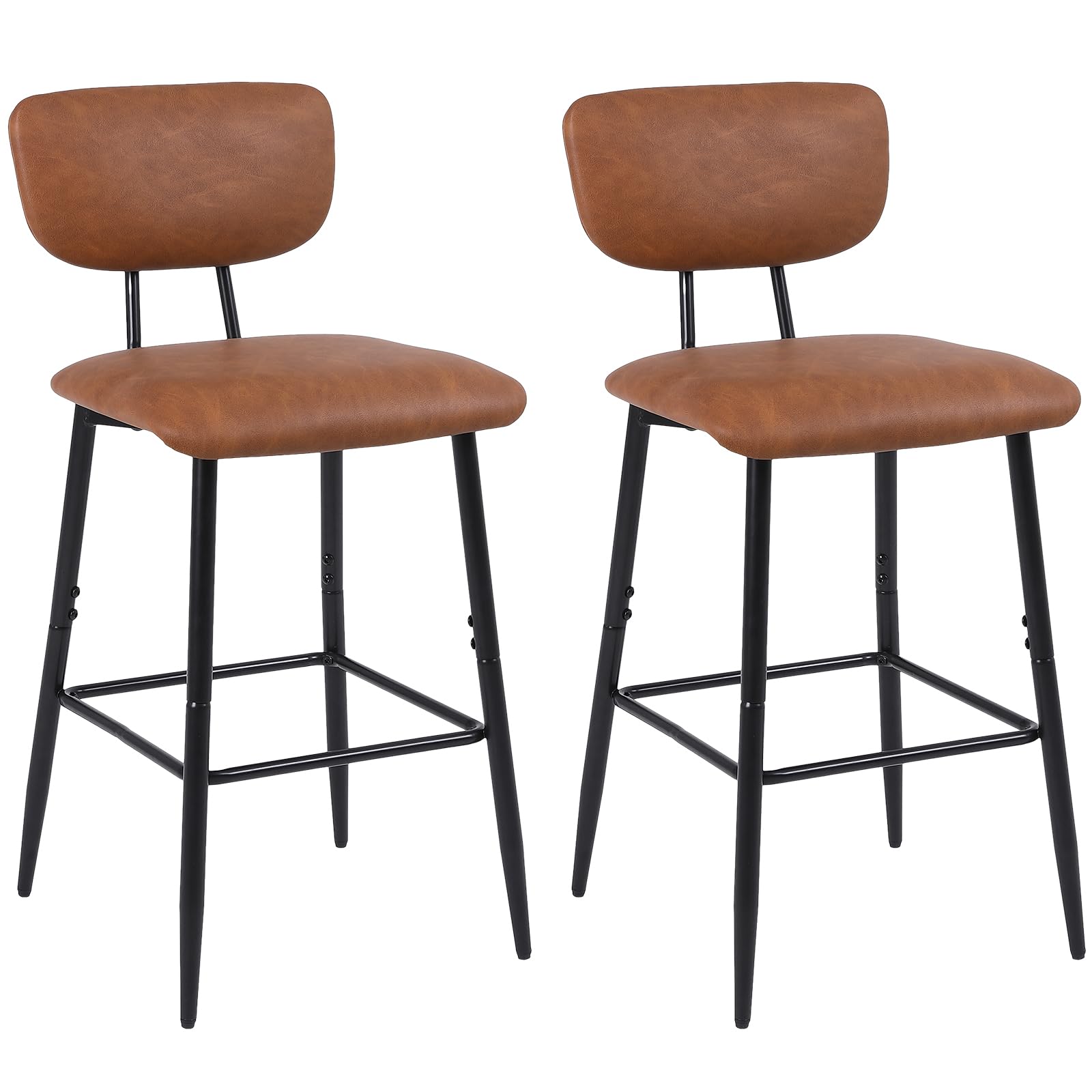 Nusetx Barstools Set of 2, 26 Inch Counter Height Bar Stool Mid-Century - Modern PU Leather Kitchen Island Height Chair with Back & Footrest, Tall Pub Stools for Bar/Counter Metal Legs (2 Pack, Brown)