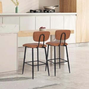 Nusetx Barstools Set of 2, 26 Inch Counter Height Bar Stool Mid-Century - Modern PU Leather Kitchen Island Height Chair with Back & Footrest, Tall Pub Stools for Bar/Counter Metal Legs (2 Pack, Brown)